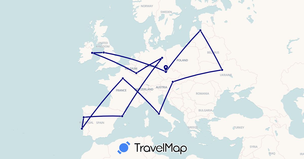 TravelMap itinerary: driving in Austria, Czech Republic, Germany, Spain, France, United Kingdom, Ireland, Italy, Luxembourg, Latvia, Portugal, Ukraine (Europe)